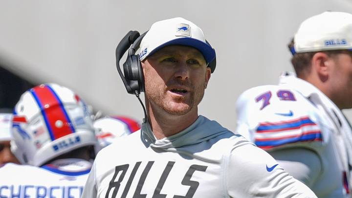 Aug 15, 2026; Orchard Park, New York, USA; Buffalo Bills head coach Joe Brady looks on from the sidelines during the first half against the Carolina Panthers at New Highmark Stadium. Mandatory Credit: Gregory Fisher-Imagn Images