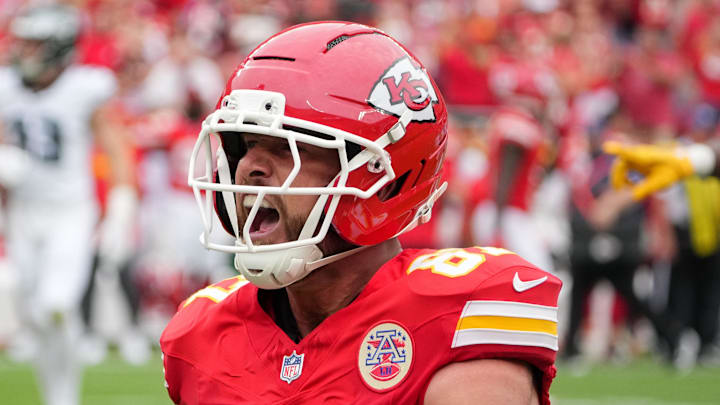 Sep 14, 2025; Kansas City, Missouri, USA; Kansas City Chiefs tight end Travis Kelce (87) celebrates after a play against the Philadelphia Eagles during the second quarter of the game at GEHA Field at Arrowhead Stadium. Mandatory Credit: Denny Medley-Imagn Images Sep 14, 2025; Kansas City, Missouri, USA; Kansas City Chiefs tight end Travis Kelce (87) celebrates after a play against the Philadelphia Eagles during the second quarter of the game at GEHA Field at Arrowhead Stadium. Mandatory Credit: Denny Medley-Imagn Images