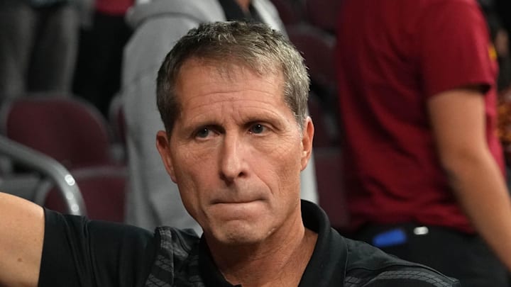 Dec 17, 2025; Los Angeles, California, USA; Southern California Trojans head coach Eric Musselman holds up Fight On sign after victory against the UTSA Roadrunners at the Galen Center. Mandatory Credit: Kirby Lee-Imagn Images