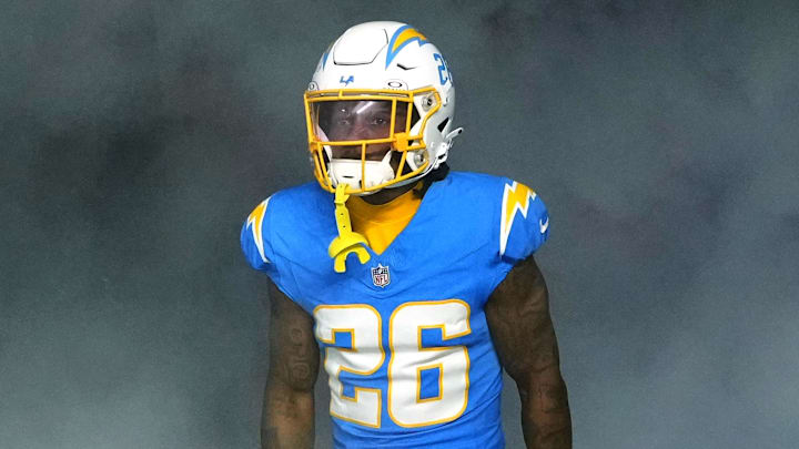 Dec 23, 2023; Inglewood, California, USA; Los Angeles Chargers cornerback Asante Samuel Jr. (26) enters the field before the game against the Buffalo Bills at SoFi Stadium. Mandatory Credit: Kirby Lee-Imagn Images Dec 23, 2023; Inglewood, California, USA; Los Angeles Chargers cornerback Asante Samuel Jr. (26) enters the field before the game against the Buffalo Bills at SoFi Stadium. Mandatory Credit: Kirby Lee-Imagn Images