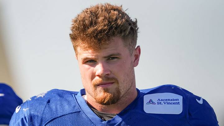 Indianapolis Colts linebacker Bryce Boettcher (50) walks up the field