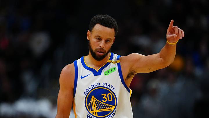 Oct 26, 2026; Denver, Colorado, USA;  Golden State Warriors point guard Stephen Curry (30) reacts in the second quarter against the Denver Nuggets at Ball Arena.  Mandatory Credit: Ron Chenoy-Imagn Images