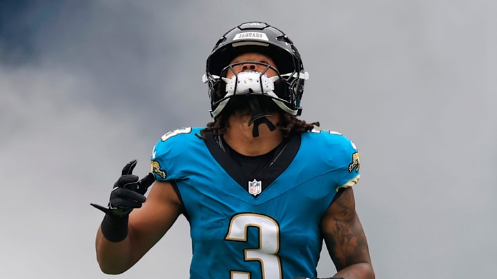 Jacksonville Jaguars wide receiver Jakobi Meyers (3) runs on the field before an NFL football matchup at EverBank Stadium, Sunday, Jan. 4, 2026, in Jacksonville, Fla. The Jaguars defeated the Titans 41-7, capturing the AFC South title.