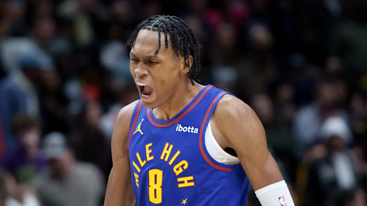 Jan 13, 2026; New Orleans, Louisiana, USA; Denver Nuggets guard Peyton Watson (8) reacts to making a basket against the New Orleans Pelicans during the fourth quarter at Smoothie King Center. Mandatory Credit: Matthew Hinton-Imagn Images
