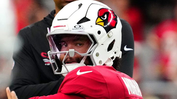 Cardinals quarterback Kyler Murray throws passes prior to a preseason game against the Chiefs at State Farm Stadium on Aug. 9, 2025, in Glendale.