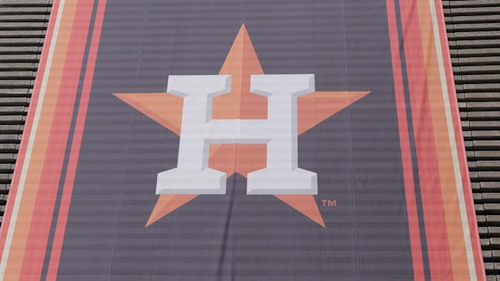 Apr 26, 2024; Mexico City, Mexico; A banner with the Houston Astros logo at Estadio Alfredo Harp Helu. 