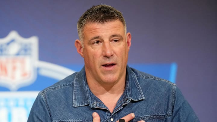 Feb 25, 2026; Indianapolis, IN, USA; New England Patriots coach Mike Vrabel speaks during the NFL Scouting Combine at the Indiana Convention Center. Mandatory Credit: Kirby Lee-Imagn Images