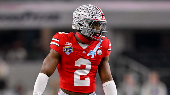 Dec 31, 2025; Arlington, TX, USA; Ohio State Buckeyes safety Caleb Downs (2) gets into position during the 2025 Cotton Bowl and quarterfinal game of the College Football Playoff at AT&T Stadium. Mandatory Credit: Jerome Miron-Imagn Images
