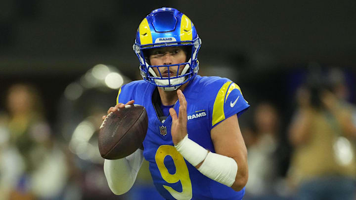 Nov 11, 2024; Inglewood, California, USA; Los Angeles Rams quarterback Matthew Stafford (9) throws the ball against the Miami Dolphins in the second half at SoFi Stadium. Mandatory Credit: Kirby Lee-Imagn Images Nov 11, 2024; Inglewood, California, USA; Los Angeles Rams quarterback Matthew Stafford (9) throws the ball against the Miami Dolphins in the second half at SoFi Stadium. Mandatory Credit: Kirby Lee-Imagn Images