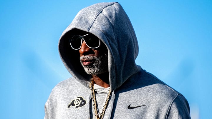 CU football head coach Deion Sanders, or Coach Prime, watches his team warm up before the game against CSU in the Rocky Mountain Showdown at Canvas Stadium on Saturday, Sept. 14, 2024, in Fort Collins, Colo.  