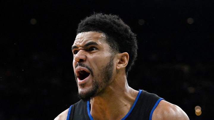 Dec 12, 2024; Boston, Massachusetts, USA; Detroit Pistons forward Tobias Harris (12) reacts to game action against the Boston Celtics during the first half at TD Garden. Mandatory Credit: Eric Canha-Imagn Images