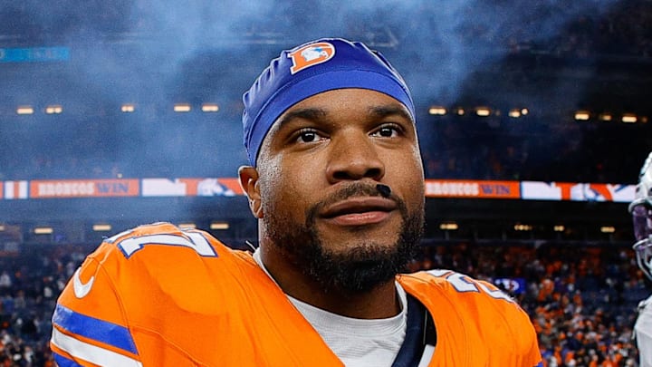Nov 6, 2025; Denver, Colorado, USA; Denver Broncos running back J.K. Dobbins (27) after the game against the Las Vegas Raiders at Empower Field at Mile High. Mandatory Credit: Isaiah J. Downing-Imagn Images