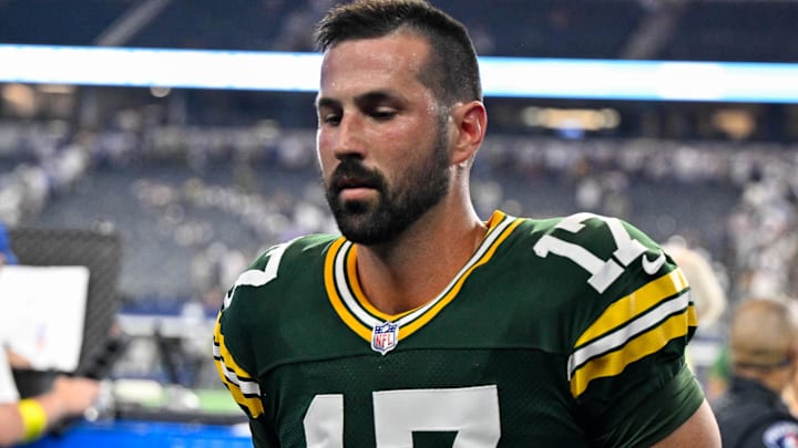 Green Bay Packers place kicker Brandon McManus (17) walks off the field after he kicks the game-tying field goal in overtime during the game between the Dallas Cowboys and the Green Bay Packers at AT&T Stadium.