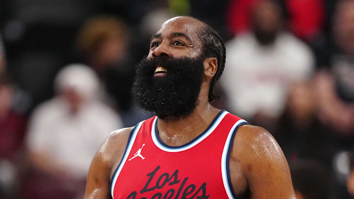 Apr 8, 2025; Inglewood, California, USA; LA Clippers guard James Harden (1) reacts against the San Antonio Spurs in the first half at Intuit Dome. Mandatory Credit: Kirby Lee-Imagn Images