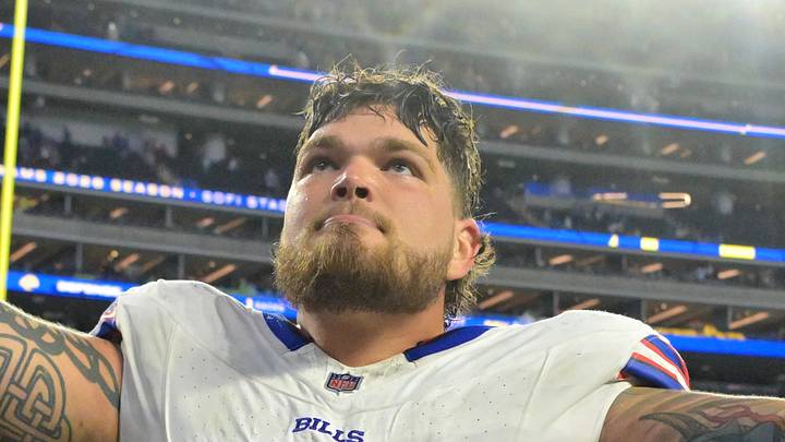 Oct 12, 2026; Inglewood, California, USA;  Buffalo Bills offensive tackle Alec Anderson (70) celebrates after the game against the Los Angeles Rams at SoFi Stadium.  Mandatory Credit: Jayne Kamin-Oncea-Imagn Images