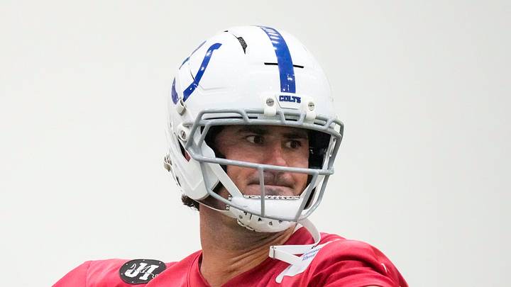 Indianapolis Colts quarterback Daniel Jones throws the ball during practice
