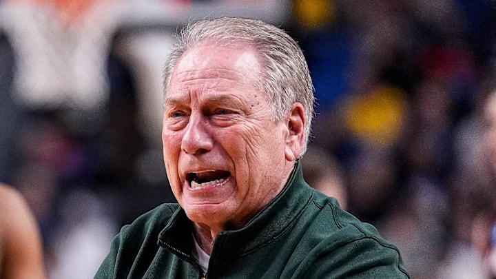 Michigan State head coach Tom Izzo reacts to foul call during the second half of NCAA Tournament Second Round against Louisville at KeyBank Center in Buffalo on Saturday, March 21, 2026.