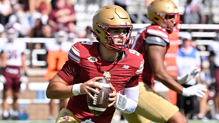 Aug 30, 2025; Chestnut Hill, Massachusetts, USA; Boston College Eagles quarterback Dylan Lonergan (9) looks for a receiver during the first half against the Fordham Rams at Alumni Stadium. Mandatory Credit: Eric Canha-Imagn Images