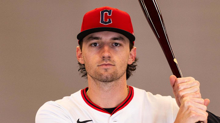Feb 19, 2026; Goodyear, AZ, USA; Cleveland Guardians right fielder Chase DeLauter (24) during media day in Goodyear. Mandatory Credit: Arianna Grainey-Imagn Images