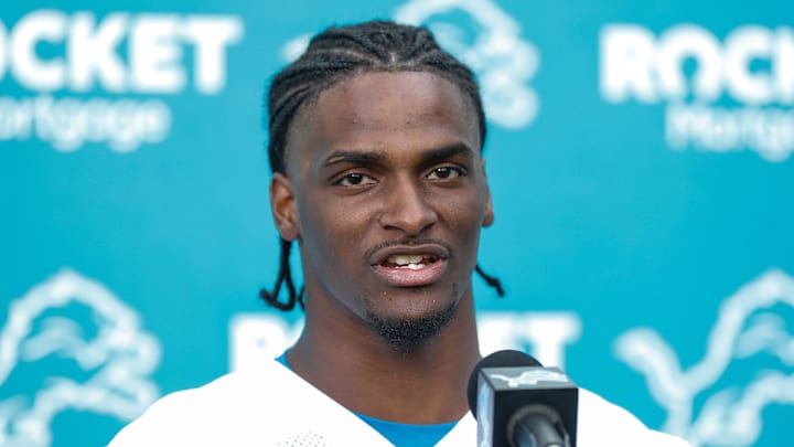 Detroit Lions cornerback Ennis Rakestraw Jr. (15) speaks to media members during 2024 rookie minicamp in Allen Park Detroit Lions cornerback Ennis Rakestraw Jr. (15) speaks to media members during 2024 rookie minicamp in Allen Park