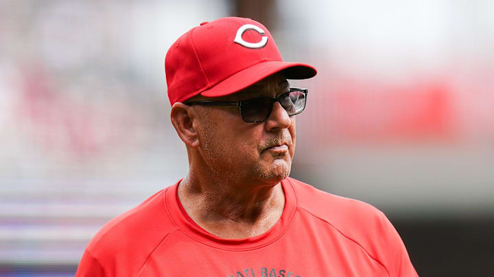 Cincinnati Reds manager Terry Francona (77) leaves the mound after speaking with players in the seventh inning of a MLB game between the Cincinnati Reds and Los Angeles Angels, Sunday, April 12, 2026, at Great American Ball Park in downtown Cincinnati.