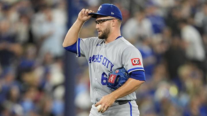 Aug 27, 2026; Toronto, Ontario, CAN; Kansas City Royals pitcher Noah Cameron (65) reacts after giving up a double in the sixth inning against the Toronto Blue Jays at Rogers Centre. Mandatory Credit: John E. Sokolowski-Imagn Images Aug 27, 2026; Toronto, Ontario, CAN; Kansas City Royals pitcher Noah Cameron (65) reacts after giving up a double in the sixth inning against the Toronto Blue Jays at Rogers Centre. Mandatory Credit: John E. Sokolowski-Imagn Images