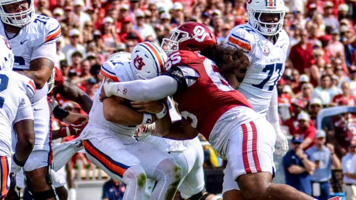 Oklahoma defensive tackle Jayden Jackson sacks Auburn's Jackson Arnold. Oklahoma defensive tackle Jayden Jackson sacks Auburn's Jackson Arnold.