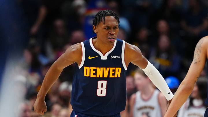 Dec 28, 2024; Denver, Colorado, USA; Denver Nuggets forward Peyton Watson (8) reacts to a basket made in the second half against the Detroit Pistons at Ball Arena. Dec 28, 2024; Denver, Colorado, USA; Denver Nuggets forward Peyton Watson (8) reacts to a basket made in the second half against the Detroit Pistons at Ball Arena.