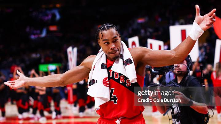 TORONTO, CANADA - JANUARY 11: Scottie Barnes #4 of the Toronto Raptors celebrates after their overtime NBA game win over the Philadelphia 76ers at Scotiabank Arena on January 11, 2026 in Toronto, Ontario, Canada. (Photo by Cole Burston/Getty Images) TORONTO, CANADA - JANUARY 11: Scottie Barnes #4 of the Toronto Raptors celebrates after their overtime NBA game win over the Philadelphia 76ers at Scotiabank Arena on January 11, 2026 in Toronto, Ontario, Canada. (Photo by Cole Burston/Getty Images)