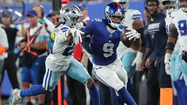 New York Giants tight end Isaiah Likely carries the ball, defended by Dallas Cowboys cornerback Shavon Revel Jr. New York Giants tight end Isaiah Likely carries the ball, defended by Dallas Cowboys cornerback Shavon Revel Jr.