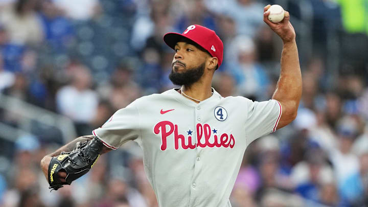 Jun 3, 2025; Toronto, Ontario, CAN; Philadelphia Phillies starting pitcher Cristopher Sanchez (61) throws a pitch against the Toronto Blue Jays during the second inning at Rogers Centre. Jun 3, 2025; Toronto, Ontario, CAN; Philadelphia Phillies starting pitcher Cristopher Sanchez (61) throws a pitch against the Toronto Blue Jays during the second inning at Rogers Centre.