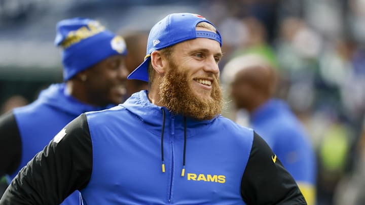 Nov 3, 2024; Seattle, Washington, USA; Los Angeles Rams wide receiver Cooper Kupp (10) participates in pregame warmups against the Seattle Seahawks at Lumen Field. Mandatory Credit: Joe Nicholson-Imagn Images
