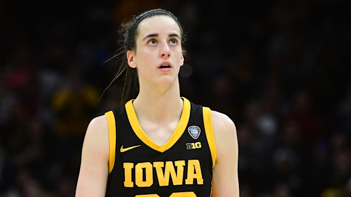 Apr 7, 2024; Cleveland, OH, USA; Iowa Hawkeyes guard Caitlin Clark (22) against the South Carolina Gamecocks in the finals of the Final Four of the womens 2024 NCAA Tournament  at Rocket Mortgage FieldHouse. Mandatory Credit: Ken Blaze-Imagn Images