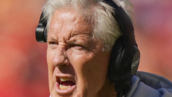 Oct 19, 2025; Kansas City, Missouri, USA; Las Vegas Raiders head coach Pete Carroll reacts during the second half against the Kansas City Chiefs at GEHA Field at Arrowhead Stadium. Mandatory Credit: Jay Biggerstaff-Imagn Images Oct 19, 2025; Kansas City, Missouri, USA; Las Vegas Raiders head coach Pete Carroll reacts during the second half against the Kansas City Chiefs at GEHA Field at Arrowhead Stadium. Mandatory Credit: Jay Biggerstaff-Imagn Images