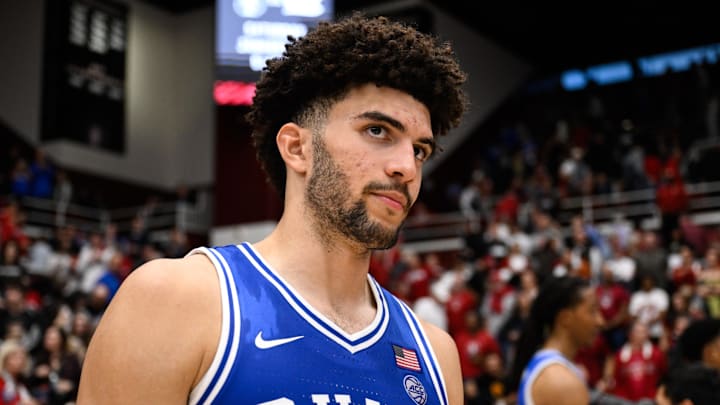 Duke Blue Devils forward Cameron Boozer (12) looks on after the game against the Stanford Cardinal at Maples Pavilion.