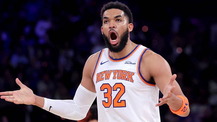 May 4, 2026; New York, New York, USA; New York Knicks center Karl-Anthony Towns (32) reacts during the second quarter of game one of the eastern conference semifinal round of the 2026 NBA Playoffs against the Philadelphia 76ers at Madison Square Garden. Mandatory Credit: Brad Penner-Imagn Images