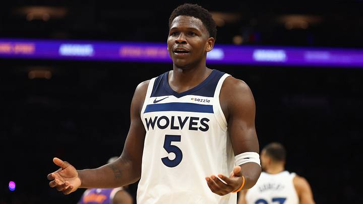 Jan 29, 2025; Phoenix, Arizona, USA; Minnesota Timberwolves guard Anthony Edwards (5) reacts against the Phoenix Suns at Footprint Center. Mandatory Credit: Mark J. Rebilas-Imagn Images