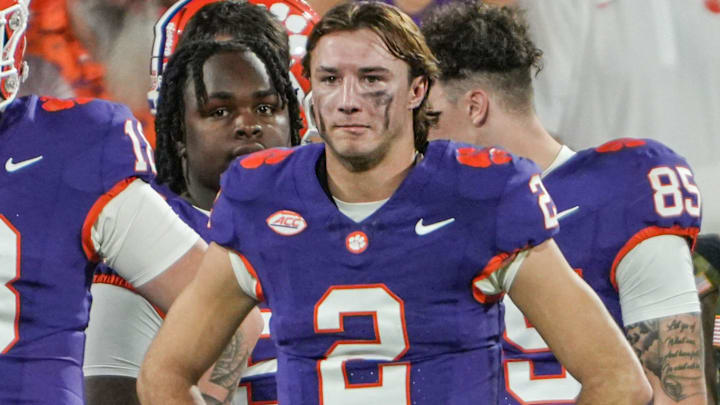 Clemson quarterback Cade Klubnik (2) watches the first play after getting out of the game with Furman, during the second quarter at Memorial Stadium in Clemson, S.C., Saturday, November 22, 2025.