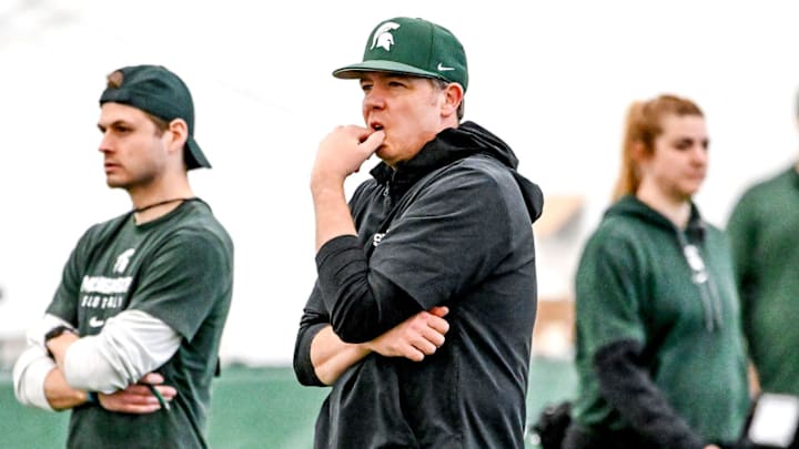 Michigan State quarterbacks coach Jon Boyer looks on during football practice on Tuesday, April 8, 2025, in East Lansing.