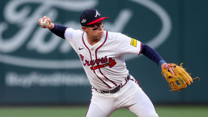 Apr 4, 2025; Atlanta, Georgia, USA; Atlanta Braves shortstop Nick Allen (2) throws a runner out at first against the Miami Marlins in the first inning at Truist Park. Mandatory Credit: Brett Davis-Imagn Images