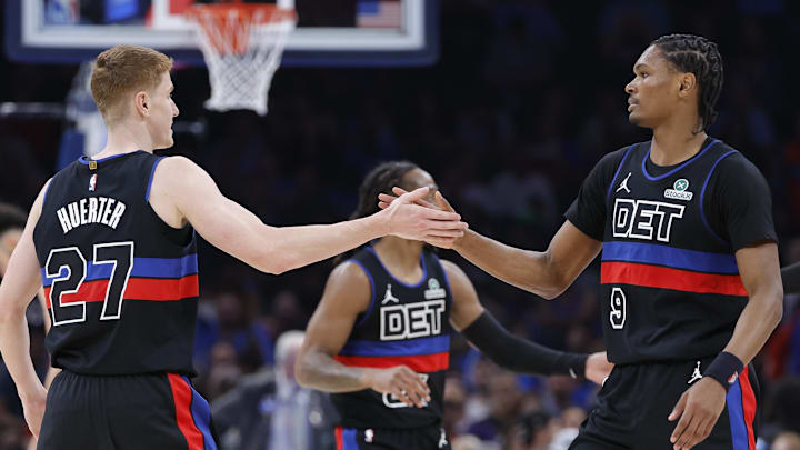 Mar 30, 2026; Oklahoma City, Oklahoma, USA; Detroit Pistons guard Kevin Huerter (27) and guard Ausar Thompson (9) celebrate a play against the Oklahoma City Thunder during the second half at Paycom Center. Mandatory Credit: Alonzo Adams-Imagn Images Mar 30, 2026; Oklahoma City, Oklahoma, USA; Detroit Pistons guard Kevin Huerter (27) and guard Ausar Thompson (9) celebrate a play against the Oklahoma City Thunder during the second half at Paycom Center. Mandatory Credit: Alonzo Adams-Imagn Images
