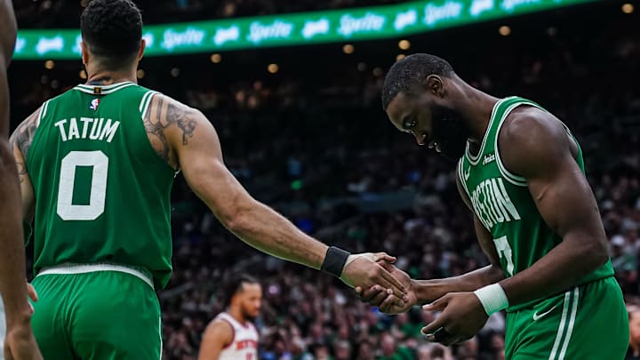 May 7, 2025; Boston, Massachusetts, USA; Boston Celtics guard Jaylen Brown (7) reacts after missing a pass from Boston Celtics forward Jayson Tatum (0) against the New York Knicks in the second half during game two of the second round for the 2025 NBA Playoffs at TD Garden. Mandatory Credit: David Butler II-Imagn Images May 7, 2025; Boston, Massachusetts, USA; Boston Celtics guard Jaylen Brown (7) reacts after missing a pass from Boston Celtics forward Jayson Tatum (0) against the New York Knicks in the second half during game two of the second round for the 2025 NBA Playoffs at TD Garden. Mandatory Credit: David Butler II-Imagn Images