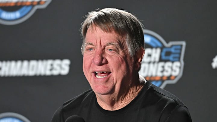 Mar 27, 2025; Spokane, WA, USA; NC State Wolfpack head coach Wes Moore talks with media during an NCAA Tournament practice session at Spokane Arena. Mandatory Credit: James Snook-Imagn Images Mar 27, 2025; Spokane, WA, USA; NC State Wolfpack head coach Wes Moore talks with media during an NCAA Tournament practice session at Spokane Arena. Mandatory Credit: James Snook-Imagn Images