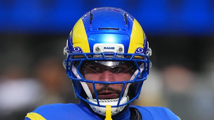 Dec 14, 2025; Inglewood, California, USA; Los Angeles Rams running back Kyren Williams (23) is seen during warmups prior to the game against the Detroit Lions at SoFi Stadium. Mandatory Credit: Kirby Lee-Imagn Images