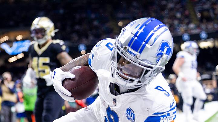 Detroit Lions wide receiver Jameson Williams (9) reacts to scoring a touchdown against the New Orleans Saints Detroit Lions wide receiver Jameson Williams (9) reacts to scoring a touchdown against the New Orleans Saints