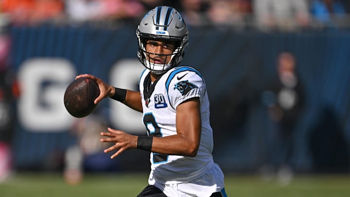 Oct 6, 2024; Chicago, Illinois, USA; Carolina Panthers quarterback Bryce Young (9) looks to throw against the Chicago Bears during the fourth quarter at Soldier Field. Mandatory Credit: Daniel Bartel-Imagn Images