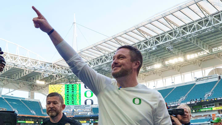 Oregon head coach Dan Lanning walks off the field as the Oregon Ducks take on the Texas Tech Red Raiders in the Orange Bowl on Jan. 1, 2026, at Hard Rock Stadium in Miami, Florida.