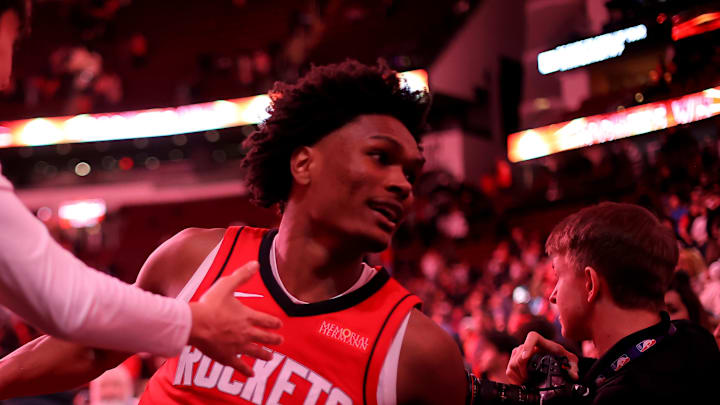 Jan 22, 2025; Houston, Texas, USA; Houston Rockets guard Amen Thompson (1) leaves the court following the game against the Cleveland Cavaliers at Toyota Center. Mandatory Credit: Erik Williams-Imagn Images Jan 22, 2025; Houston, Texas, USA; Houston Rockets guard Amen Thompson (1) leaves the court following the game against the Cleveland Cavaliers at Toyota Center. Mandatory Credit: Erik Williams-Imagn Images
