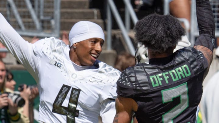Oregon’s Jamari Johnson, center, scores for the Combat Ducks during the Oregon Spring Game at Autzen Stadium in Eugene April 25, 2026 Oregon’s Jamari Johnson, center, scores for the Combat Ducks during the Oregon Spring Game at Autzen Stadium in Eugene April 25, 2026