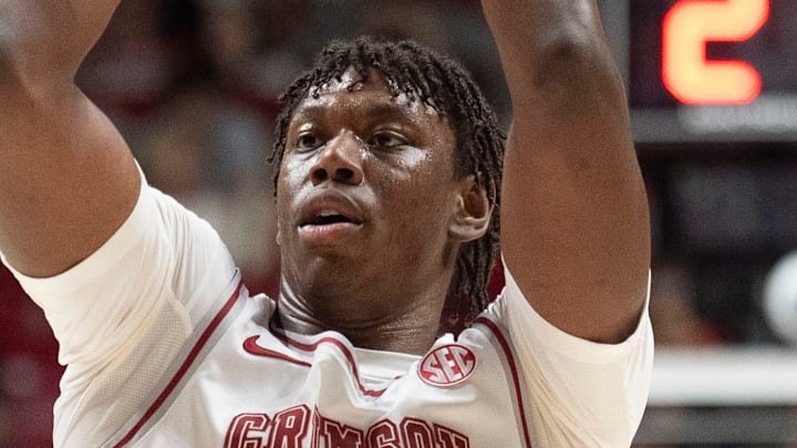 Feb 14, 2026; Tuscaloosa, AL, USA; Alabama forward Aiden Sherrell (22) shoots a three point shot against South Carolina at Coleman Coliseum. Mandatory Credit: Gary Cosby Jr.-Tuscaloosa News
